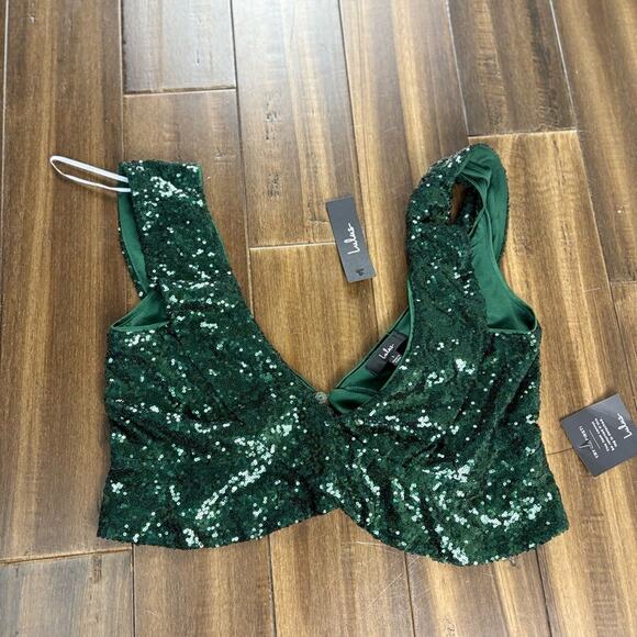 NWT Lulu's Green Sequin Deep V Neck Tank Crop Top Ruffle Hem Sleeveless Bralette - Picture 1 of 13